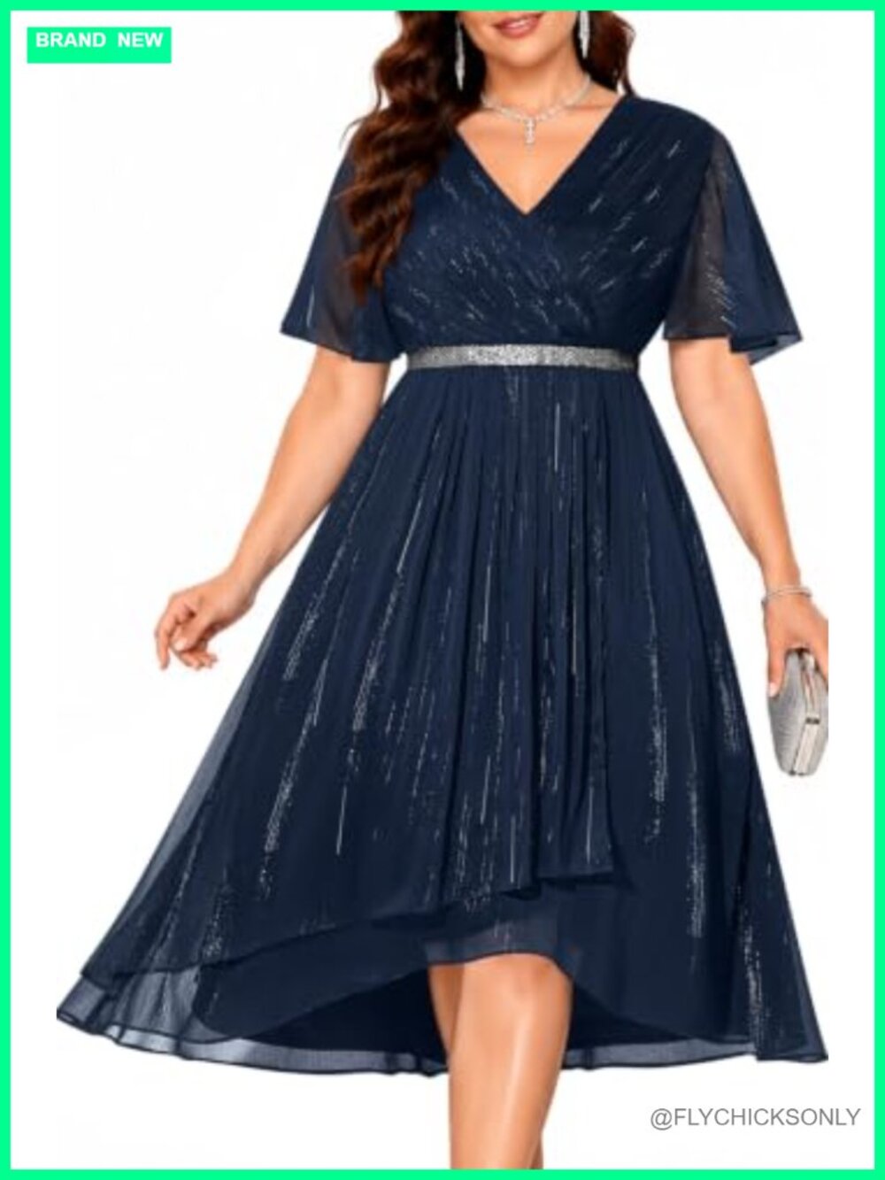 Plus Size Silver Thread Chiffon High Low Cocktail Midi Dress